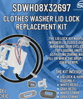 Washer Lid Lock Replacement Kit Model Specific For WH08X32697 And WH01X27954 Not Universal Includes Lock Harness White Bezel And Strike For Metal Lids DIY Friendly Install with components displayed and packaging background.