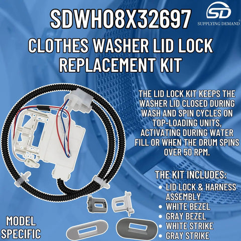 Washer Lid Lock Replacement Kit Model Specific For WH08X32697 And WH01X27954 Not Universal Includes Lock Harness White Bezel And Strike For Metal Lids DIY Friendly Install with components displayed and packaging background.