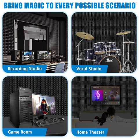 High Density Pyramid Acoustic Foam Panels 4 Pack 48 X 24 X 2 Inch used in recording, vocal, game room, and home theater setups.