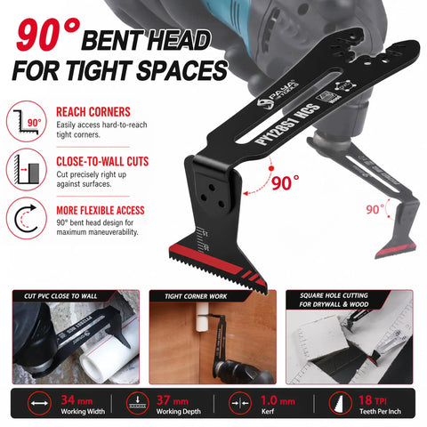 90 Degree Reach Oscillating Saw Blade For Narrow Corners And Tight Spaces, Universal HCS 65Mn High Carbon Steel, shown with 90° bent head for flexibility in tight areas.