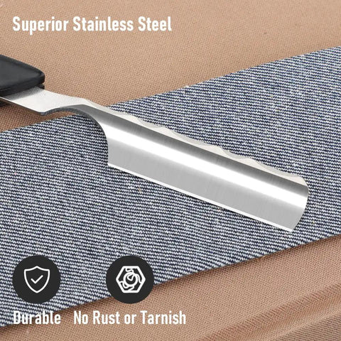 Premium Straight Razor And Leather Shaving Strop Set With Sharp Stainless Steel Blade and Smooth Wooden Handle For Men Old School Barber Grooming Setup That Totally Levels Up Your Daily Shave Game, close-up of stainless steel blade.