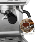 Detailed view of Professional Twenty Bar Espresso Machine With Integrated Grinder, featuring 58mm cafe group head and conical burr grinder.