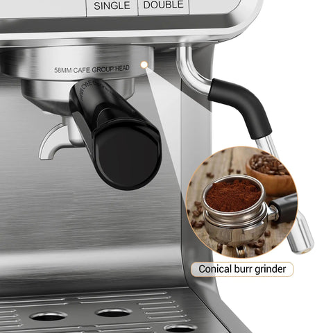 Detailed view of Professional Twenty Bar Espresso Machine With Integrated Grinder, featuring 58mm cafe group head and conical burr grinder.