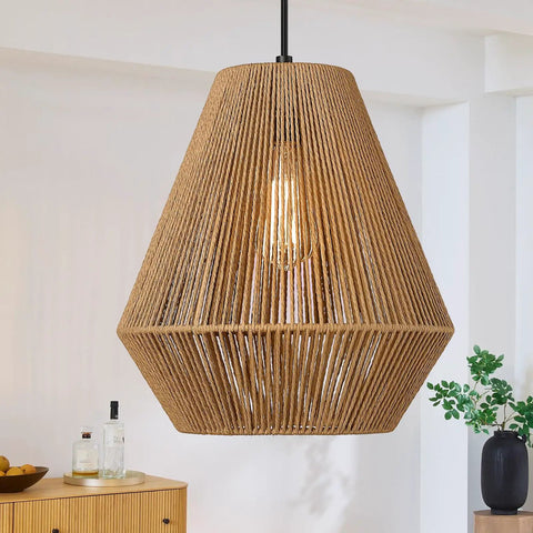 12 Inch Handwoven Rattan Pendant Light With Rustic Boho Vibe, Adjustable Woven Basket Shade in cozy dining room setup