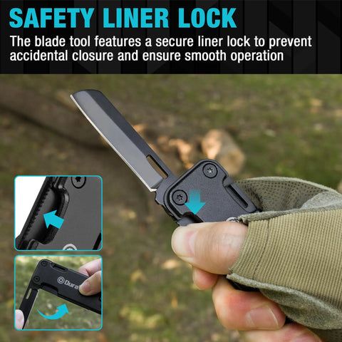 User holding Go-To 16 In 1 Multitool Knife For Outdoors And EDC, focusing on safety liner lock feature in outdoor setting.