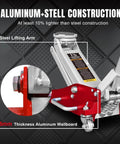 1.5 Ton Aluminum And Steel Hydraulic Floor Jack With Dual Piston Quick Lift Pump Low Profile Racing Car Jack For Vehicles Lightweight Yet Beefy 3000 Lb Capacity Red Finish showing steel arm and aluminum wallboard thickness