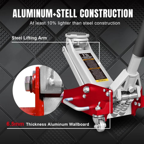 1.5 Ton Aluminum And Steel Hydraulic Floor Jack With Dual Piston Quick Lift Pump Low Profile Racing Car Jack For Vehicles Lightweight Yet Beefy 3000 Lb Capacity Red Finish showing steel arm and aluminum wallboard thickness