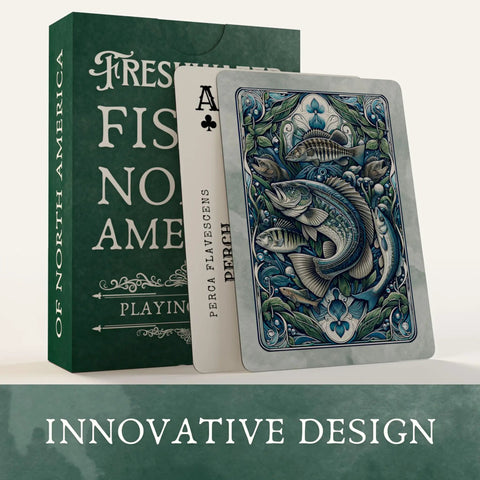 Waterproof Plastic Freshwater Fish Playing Cards With 52 Species, Educational And Durable Deck For Your Tackle Box displayed front and side