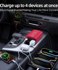 Kickass 400W Car Power Inverter DC 12V To AC 110V Dual USB C PD 30W And Quick Charge 3.0 Portable Vehicle Charger in car charging 4 devices.