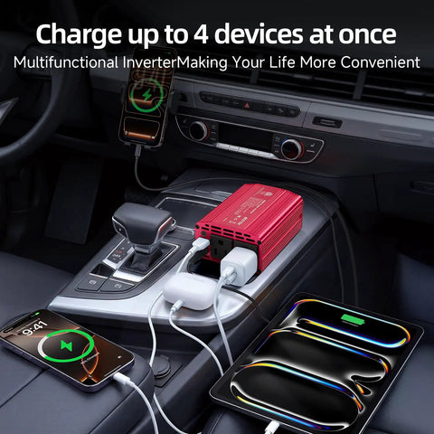 Kickass 400W Car Power Inverter DC 12V To AC 110V Dual USB C PD 30W And Quick Charge 3.0 Portable Vehicle Charger in car charging 4 devices.