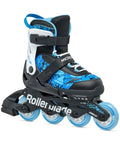 Microblade SL Kids Adjustable Inline Skates Four Size Range For Beginners Youth Fitness Skates In Black Sky Blue Great For Learning Balance And Control On The Rink, close-up of blue and black design side view