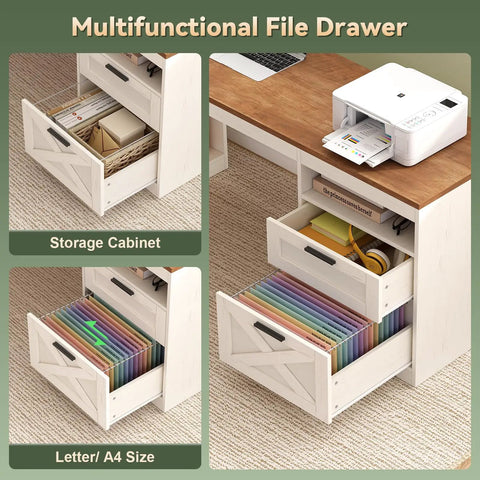 Multifunctional file drawer for No Sweat 66 Inch Farmhouse L Shaped Standing Desk with storage for A4 files and office supplies.