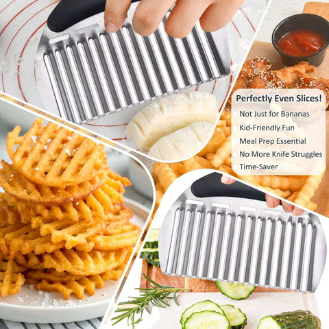 Front view of JAYVAR large crinkle cutter with handle, stainless steel potato and vegetable slicer