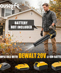 Man using 650 CFM Heavy Duty Cordless Leaf Blower With 200 MPH Turbo Mode in yard, compatible with 20V MAX batteries, no battery included