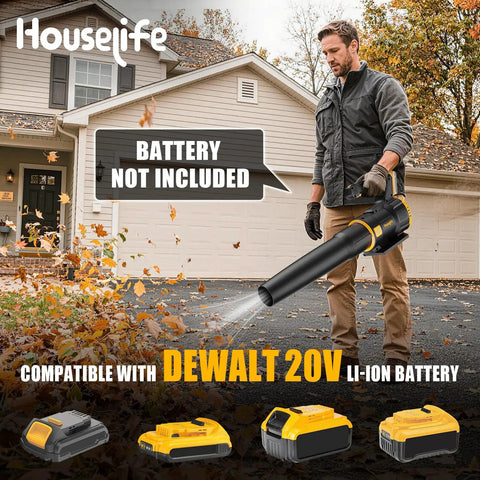 Man using 650 CFM Heavy Duty Cordless Leaf Blower Compatible With 20V Max Battery 200 MPH, leaves scattered on driveway.