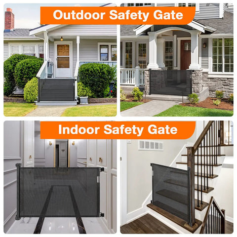 Retractable Safety Gate For Stairs And Hallways 54 Inch Wide 34 Inch Tall Indoor Outdoor Baby And Pet Gate shown in use