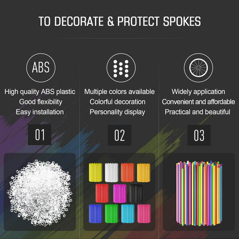 72 Piece Spoke Skins Kit For Dirt Bikes And Motocross Pit Bikes Spoke Wrap Trim Decoration Protection Lightweight ABS Plastic Heat Resistant And Fade Resistant 11 Mixed Colors showing packaging, color options, and usage benefits.
