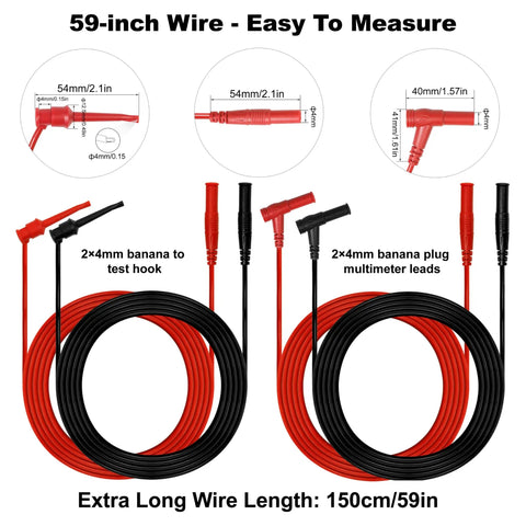 27 Piece Multimeter Test Leads Kit With Alligator Clips Hook Clips Banana Plugs Piercing Probes 59 Inch Leads And 4mm Female Adapters For Easy Electrical Testing And DIY Electronics Pro Grade Set showing 59-inch red and black banana plug leads