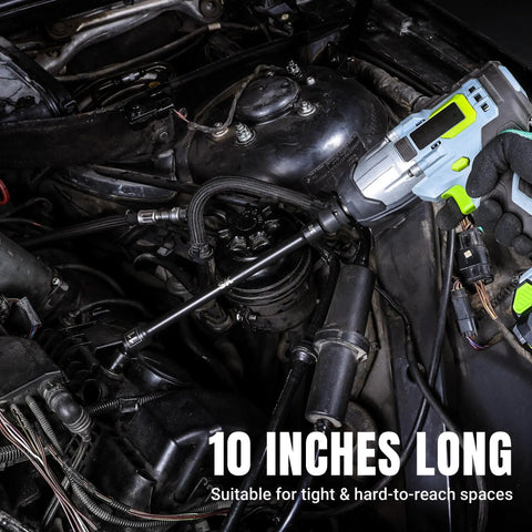 Three Eighths Inch Drive Pinless Universal Impact Extension Socket Set Built From Cr-Mo Steel For Maximum Torque And Flexible Reach In Tight Engine Bays, 10-inch extension in an engine bay