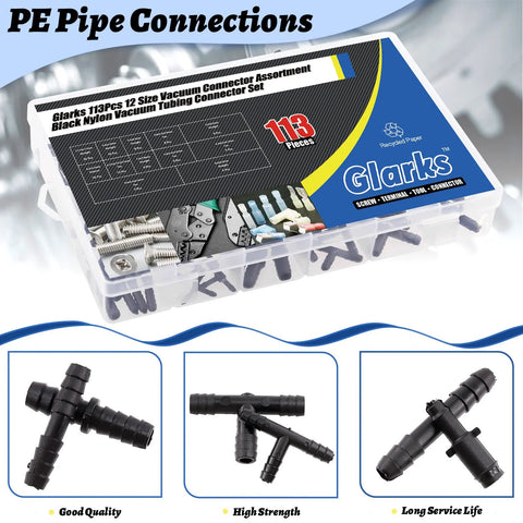Glarks 113-piece black nylon vacuum connector set in a clear box for automotive tubing and hoses