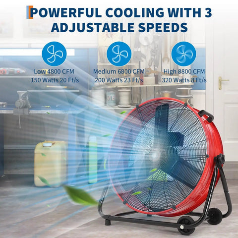 Heavy Duty 24 Inch Industrial Floor Fan With High Velocity Airflow, 3 Speed Settings, 4800 To 8800 CFM, Durable Metal Blades, Red