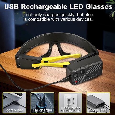 Kickass Brightness LED Light Up Glasses With Smart Motion Sensor And Touch Control Five Lighting Modes USB C Quick Charge For Trail Runs Camping Fishing And Shop Hustle In Black And Yellow