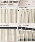 Linen Blackout Curtains 84 Inch Long 100 Percent Light Blocking Thermal Insulated Drapes With Rod Pocket And Back Tab For Living Room And Bedroom White 2 Panels 52 Inch Wide hanging options showing back tab, rod pocket, rings and hooks.