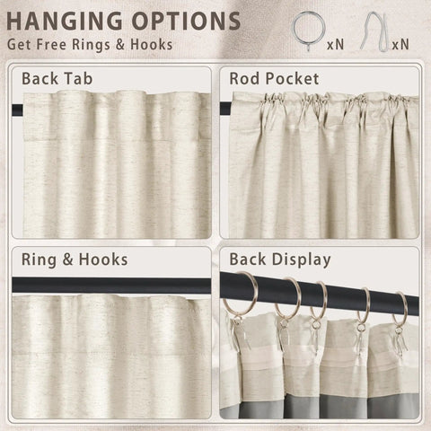 Linen Blackout Curtains 84 Inch Long 100 Percent Light Blocking Thermal Insulated Drapes With Rod Pocket And Back Tab For Living Room And Bedroom White 2 Panels 52 Inch Wide hanging options showing back tab, rod pocket, rings and hooks.