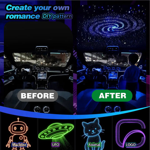 Before and after installation of Starlight Headliner Kit With 400pcs Fiber Optic RGBW Star Lights For Car Roof Ceiling