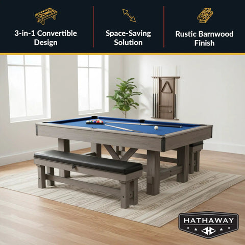 7 Foot Pool Table Combo With Benches Table Tennis And Dining Tops Billiards Set Ping Pong Ready Built In Storage Rustic Gray Barnwood Finish