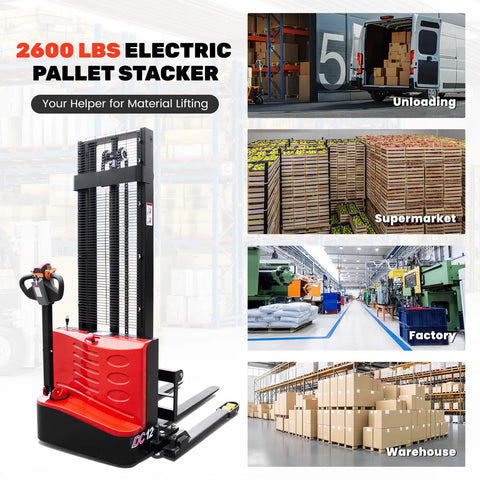 Heavy Duty Electric Pallet Stacker With 2640 Lbs Load Capacity And Adjustable Forks in warehouse setting, showing unloading and storage.