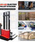 Heavy Duty Full Electric Pallet Stacker With 2640 Lbs Capacity And 118 Inch Lift Height in a warehouse environment.