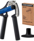 Adjustable Hand Grip Strengthener With 44 To 154 Lbs Resistance, Premium Forearm Trainer shown with packaging and base stand.