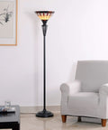 Harmond 1 Light Art Glass Torchiere In Bronze Finish With Tiffany Style Shade Classic Floor Lamp in living room corner setup