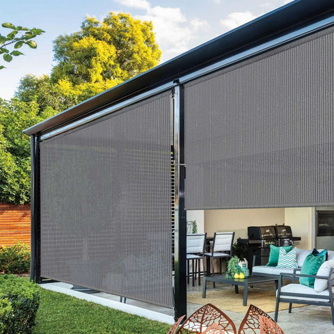 Cordless Exterior Patio Roller Shade For Privacy And Sun Blocking Roll Up Blinds For Porch Gazebo Pergola Backyard UV Shield Fade Resistant 10 Ft Wide By 8 Ft High Keeps Your Deck Cool And Privacy On Point All Day installed on a modern patio