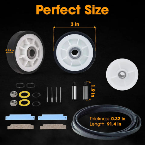 Neptune 3000 Series Dryer Repair Kit All In One Replacement Set with drum rollers, bearings, idler pulley, and belt