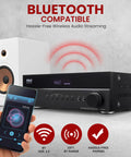 5.2 Channel Hi Fi Home Theater Receiver with 1000W Peak Power showing Bluetooth compatibility with phone and speaker