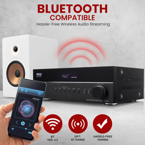 5.2 Channel Hi Fi Home Theater Receiver with 1000W Peak Power showing Bluetooth compatibility with phone and speaker
