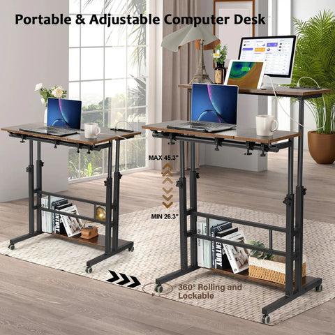Mobile Standing Desk With Adjustable Height Rolling Desk Stand Up Station For Home Office Portable Laptop Desk On Wheels With Charging Station Rustic Brown