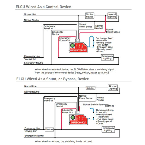 Elcu 200 Emergency Lighting Control Unit Power Pack diagram as control and bypass device, showcasing wiring connections.