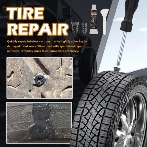 Image showing tire repair with 60 Piece Car Tire Repair Kit With Self Tapping Plugs And Repair Screws Including Screwdriver And Glue For Cars And Motorcycles On The Road Grab And Go Easy To Use.