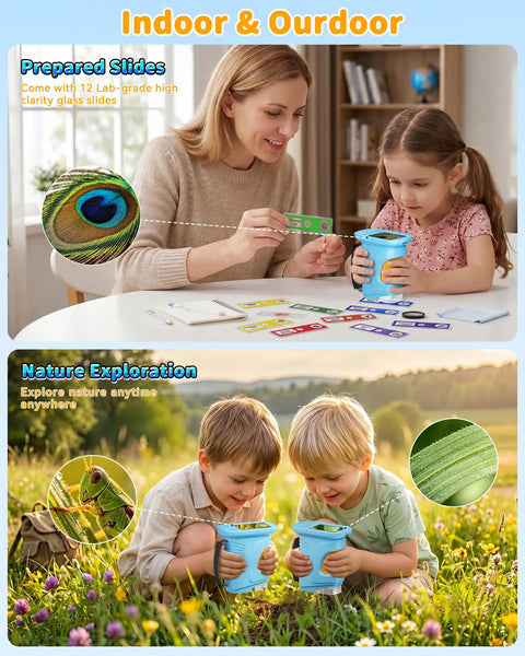 Kid Friendly Handheld Microscope With 4K Live View, 2.4 Inch IPS Screen, 1000x Magnification, Built In Camera, 12 Prepared Slides, STEM Educational Toy for Learning and Exploration, Perfect Gift for Ages 3 to 12 used indoors and outdoors by kids