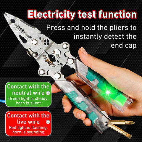 All In One Pliers With Screwdriver And Wire Stripper Folding Design Cr V Steel That Cuts Strips And Crimps, Voltage Tester in use