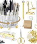 11 Piece Gold Desk Accessories Set For Office And Home, Sleek Acrylic Organizer Kit with pens, scissors, stapler, clips, and more