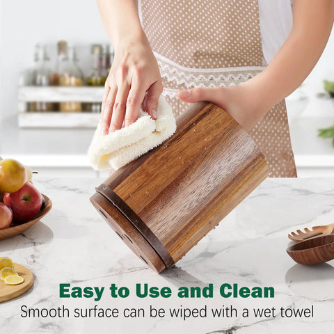 Person cleaning Acacia Wood 360 Degree Rotating Utensil Holder for Countertop, Big 7.2 Inch Kitchen Tool Crock with cloth