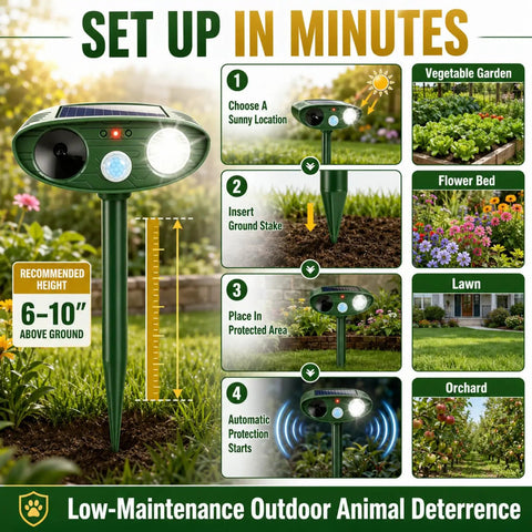4 Pack Solar Ultrasonic Animal Deterrents With PIR Motion Sensor, Waterproof Outdoor Yard Deterrents For Deer, Raccoons, Squirrels, Cats, Rabbits, Skunks And Foxes That Scare Off Pests With LED Alerts No Fuss Setup. Installed in garden at 6-10 inches above ground.