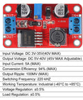 Front view of 4 Pack XL6019 Boost Converter Module 5A DC to DC Step Up Power Supply with specifications chart