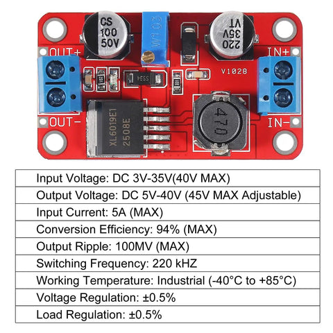 Front view of 4 Pack XL6019 Boost Converter Module 5A DC to DC Step Up Power Supply with specifications chart