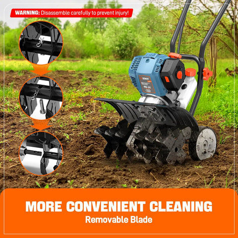 Beast 46cc 4 Cycle Gas Powered Tiller Cultivator with Full Crank Engine on soil, removable blade, for veg beds and backyards