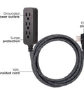 Image of Go To Three Outlet Power Strip Surge Protector Kit with 10 foot braided flat extension cords, UL listed, 3-prong design